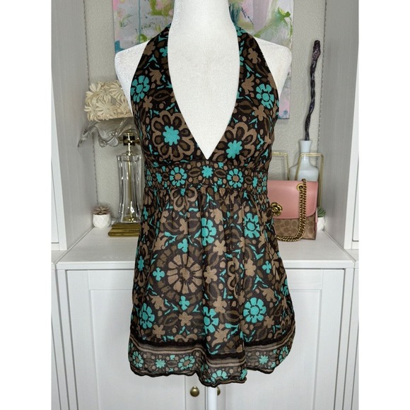 Trina Turk Halter Top Size 8 Cotton Side Zip Brown Teal Floral - Picture 1 of 10